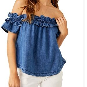 Free People Denim Blue Off-Shoulder Blouse